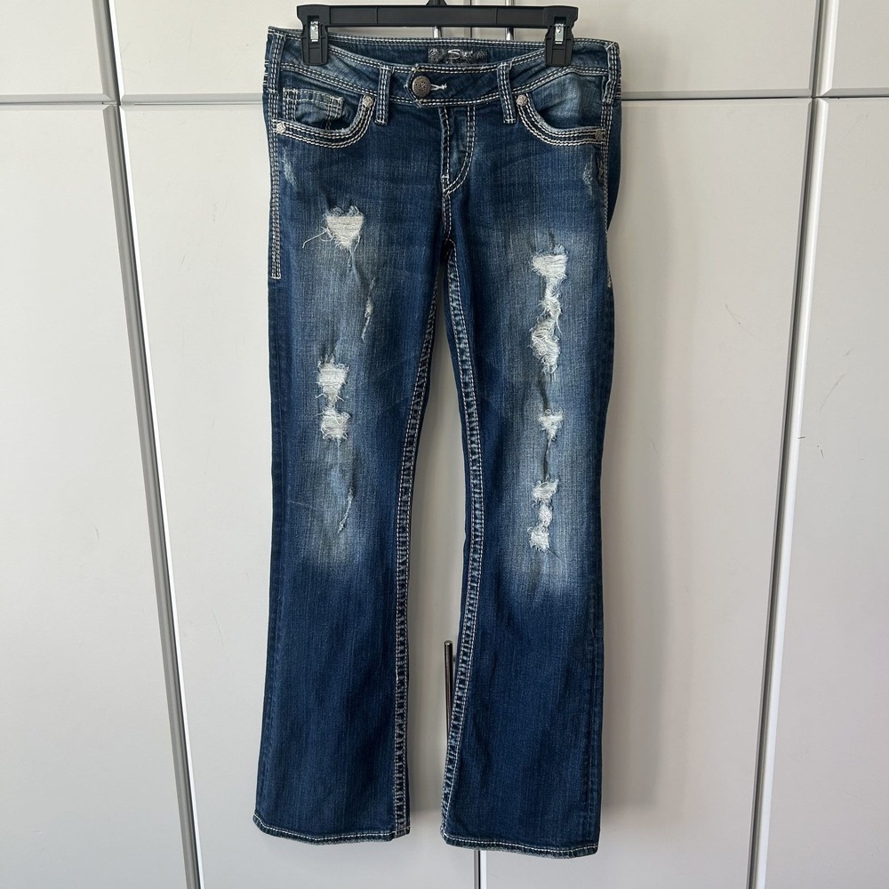 Silver Jeans Co Tuesday Flap Distressed Bootcut Jeans W28 L33 Medium Wash B709